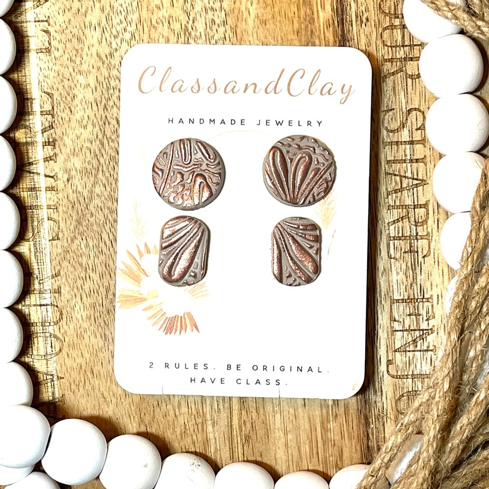 2 Set Textured Taupe Polymer Clay Stud Earrings